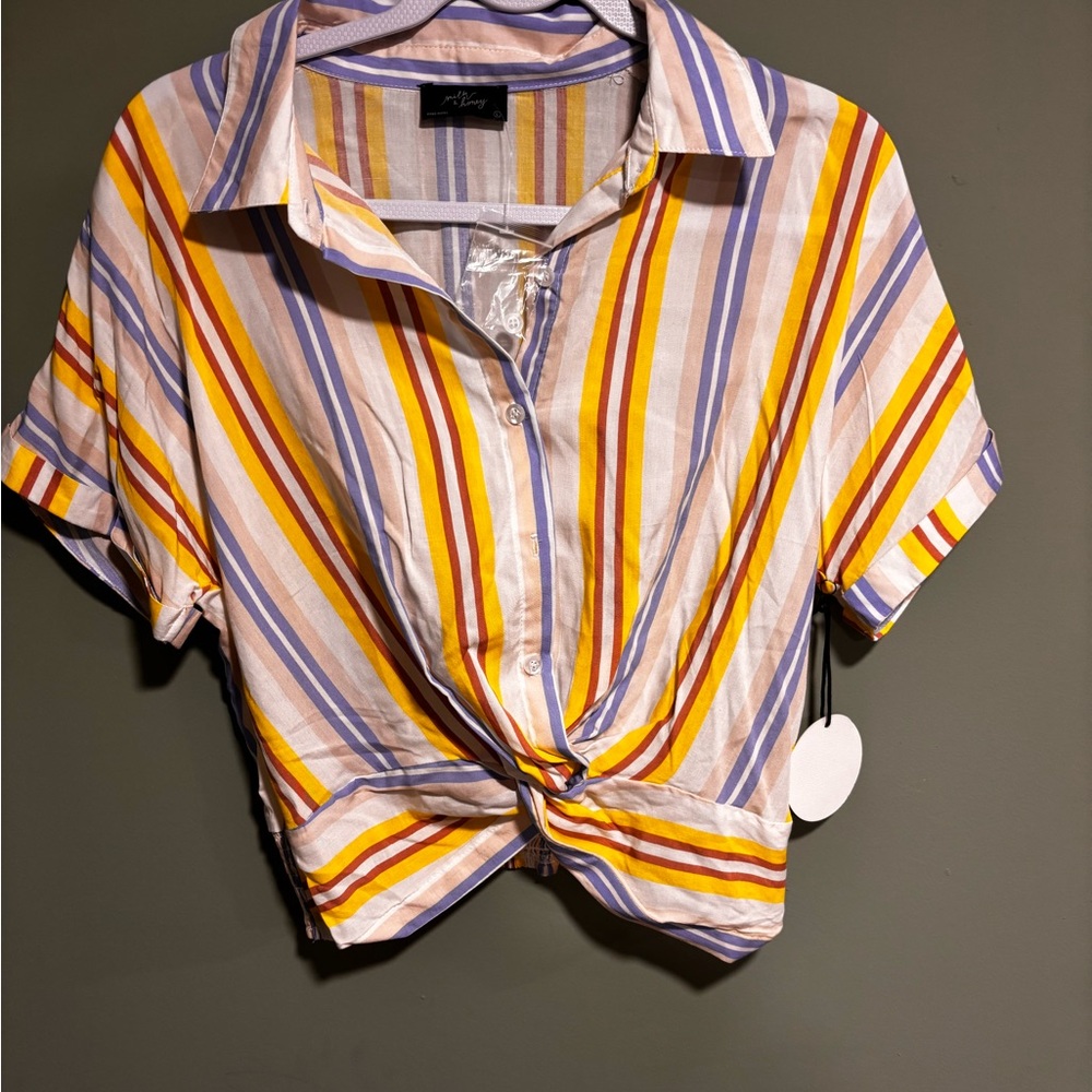 Striped Tie-Front Button Shirt - Yellow, Lavender & White